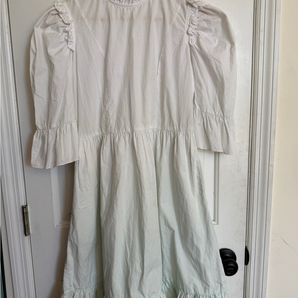 Batsheva Dip-Dye Short Prairie Dress White-Green Ruffled Puff-Sleeves